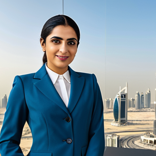 Home 6 Empowered Businesswoman**
"A professional Arab businesswoman in a tailored, fully clothed, modest business suit, standing confidently in a modern office setting with Dubai's skyline in the background, appropriate attire, safe for work, perfect anatomy, natural proportions, professional photograph, high quality, family-friendly."
**