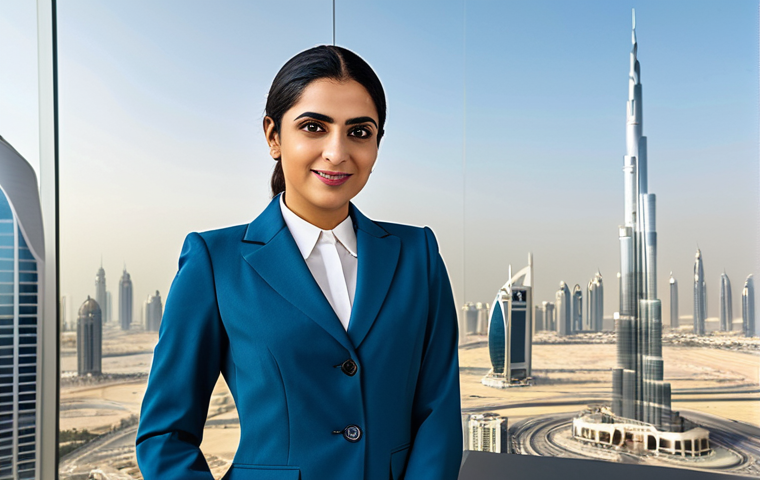 Empowered Businesswoman**
"A professional Arab businesswoman in a tailored, fully clothed, modest business suit, standing confidently in a modern office setting with Dubai's skyline in the background, appropriate attire, safe for work, perfect anatomy, natural proportions, professional photograph, high quality, family-friendly."
**